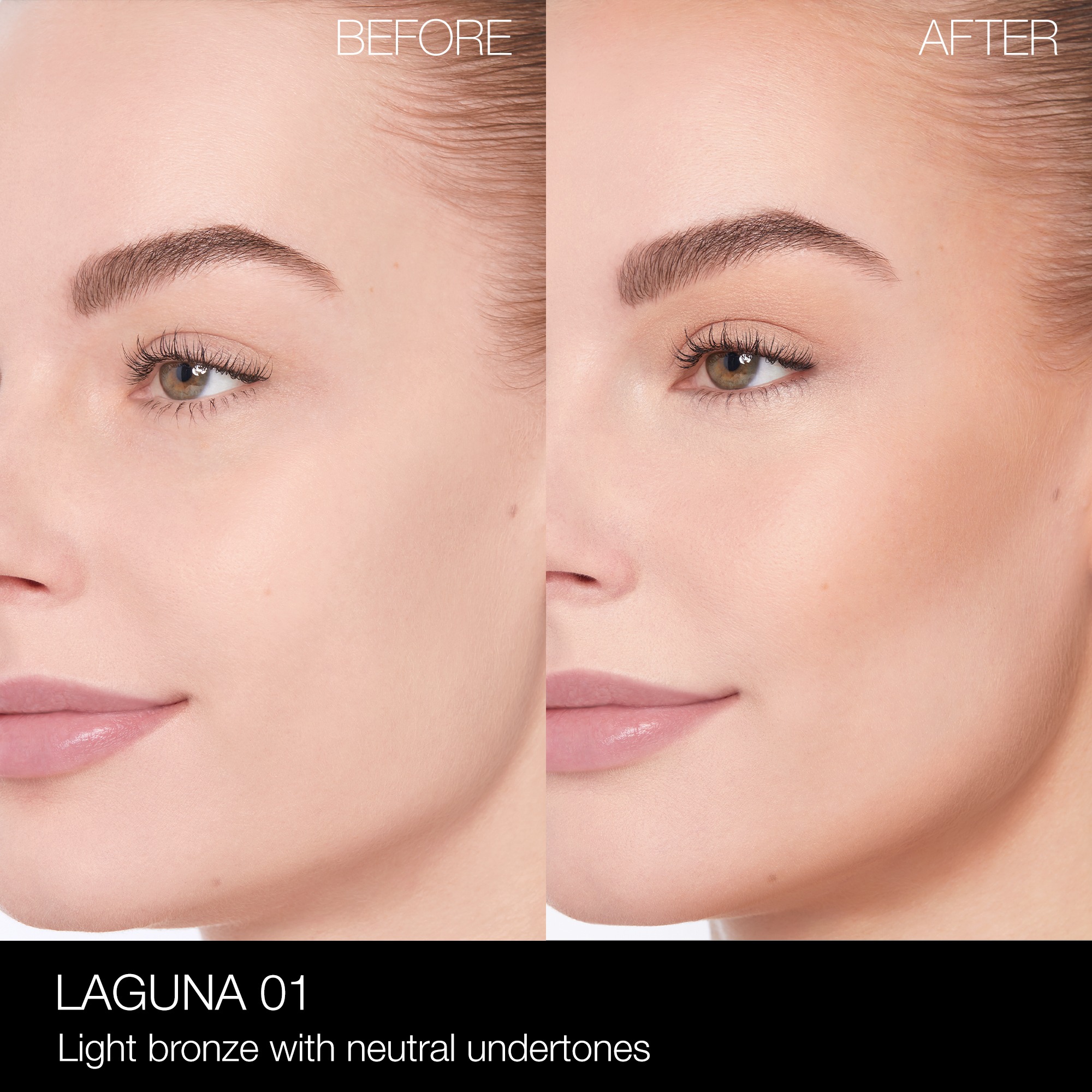 BeforeAfter_LagunaBronzingPowder_Laguna01, Nars Travel Size NARS_SP23_LagunaCollection_PDPCrop_OnModel_BeforeAfter_LagunaBronzingPowder_Laguna01, Nars Travel Size