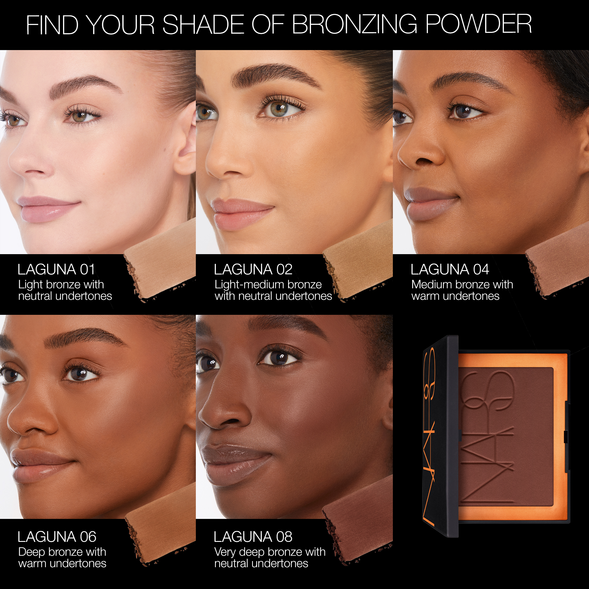 MiniLagunaBronzer_ShadeGrid, Nars Travel Size NARS_SP23_LagunaCollection_PDPCrop_OnModel_MiniLagunaBronzer_ShadeGrid, Nars Travel Size